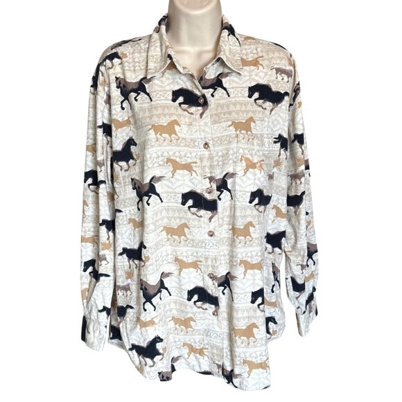 Vtg Bit & Bridle Ladies L Corduroy Shirt Horse Print Button-Up Western Ranch - Picture 1 of 9
